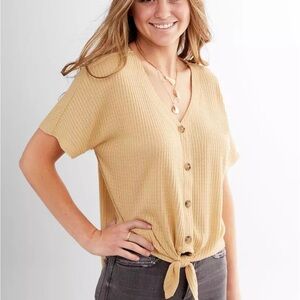 BKE Double Zero Waffle Knit Dolman Top Neutral Yellow Mustard Size Large
